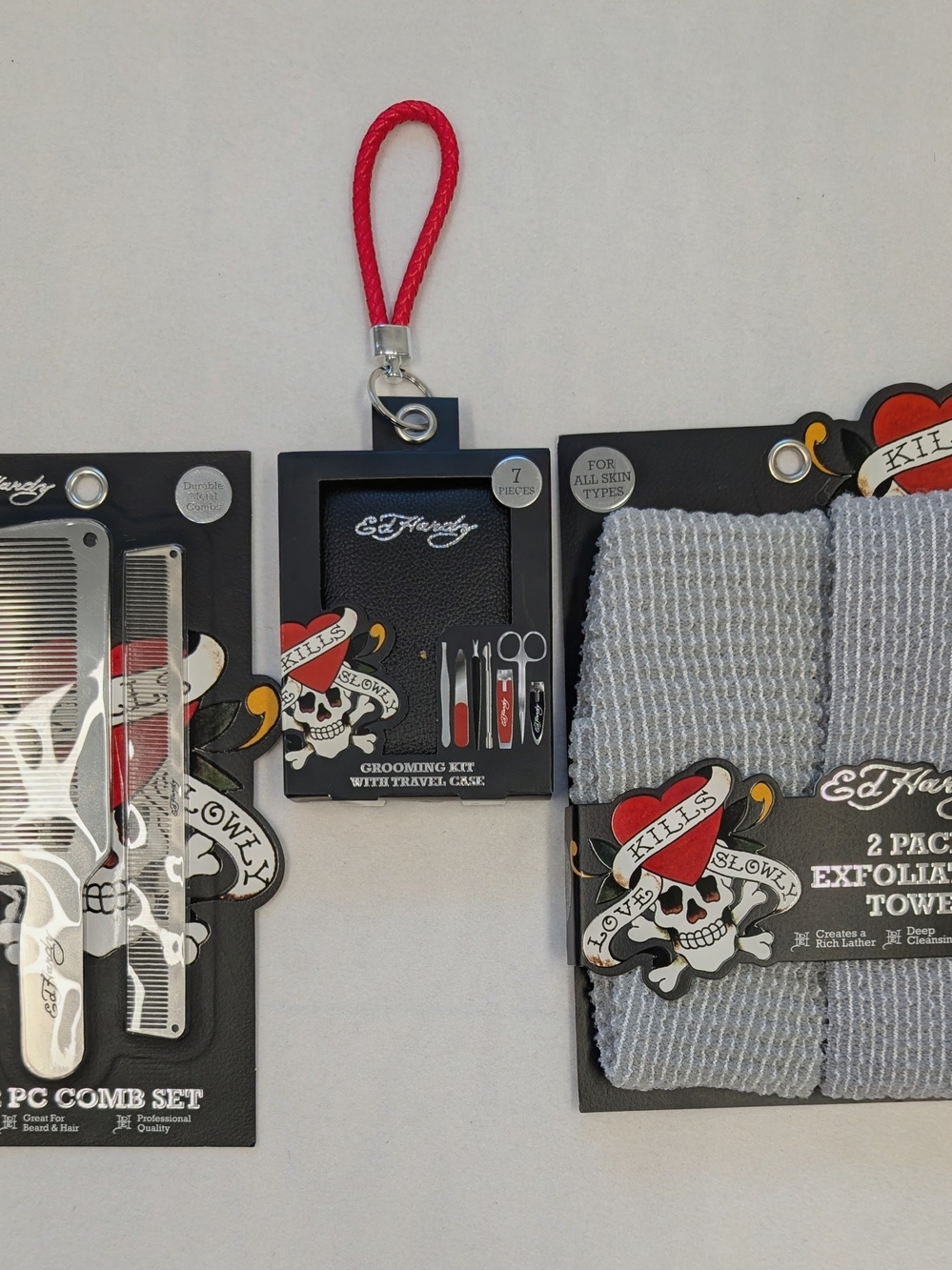 Ed Hardy Grooming Set with Gray Towels and Red Strap